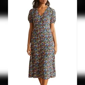 Boden Tessa Floral Ditsy Short Sleeve French Navy Empire Waist Midi Dress NWT